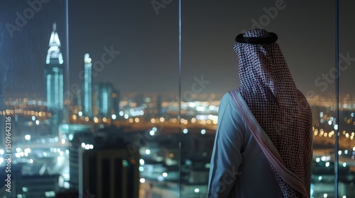 Man in traditional attire looking at the illuminated city skyline