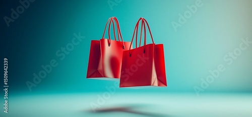 Two red shopping bags levitate against a teal backdrop