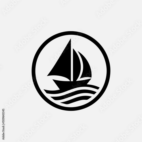 A sleek black vector logo silhouette of a beautiful sailboat within a perfect circle