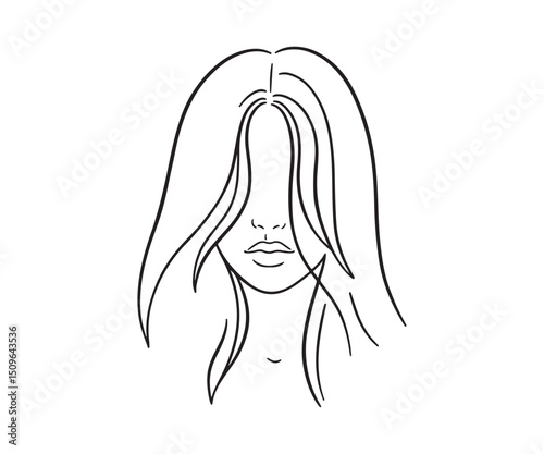Simple logo portrait of a woman with hair and a concealed face. Black outline illustration


