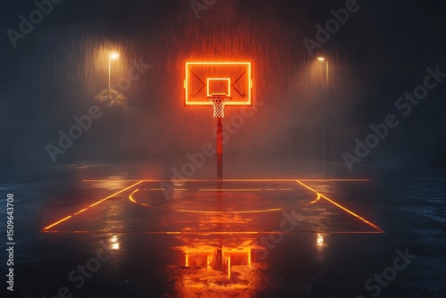Neon basketball hoop rain night cityscape
