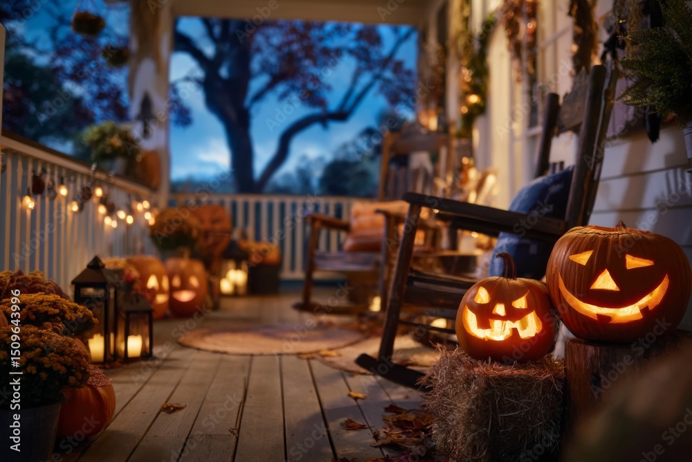 Fototapeta premium Welcoming front porch decorated with Halloween props, pumpkins, and lights
