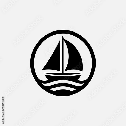 A sleek black vector logo silhouette of a beautiful sailboat within a perfect circle