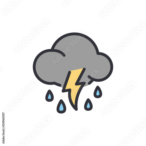 Dramatic Weather Symbol Depicting Stormy Cloud With Lightning And Raindrops