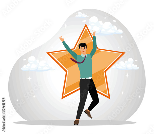 Evaluation or award winning quality concept, confidence businessman with excellent golden star.
