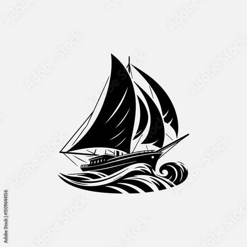 Intricate black silhouette vector logo of a tribal ship with decorative patterns. Cultural heritage concept
