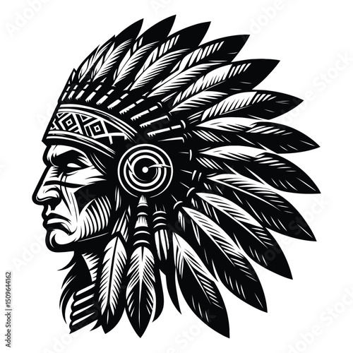 Native American in Headdress Black and White