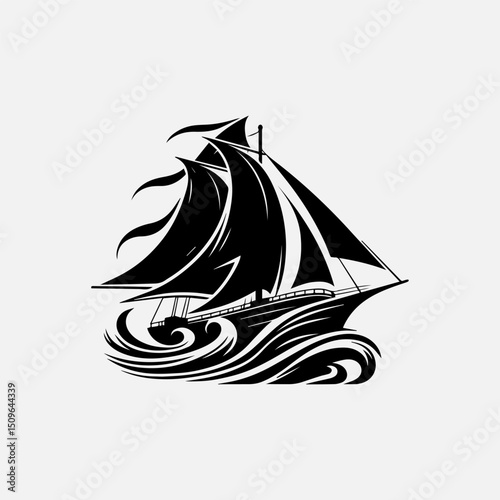 Intricate black silhouette vector logo of a tribal ship with decorative patterns. Cultural heritage concept