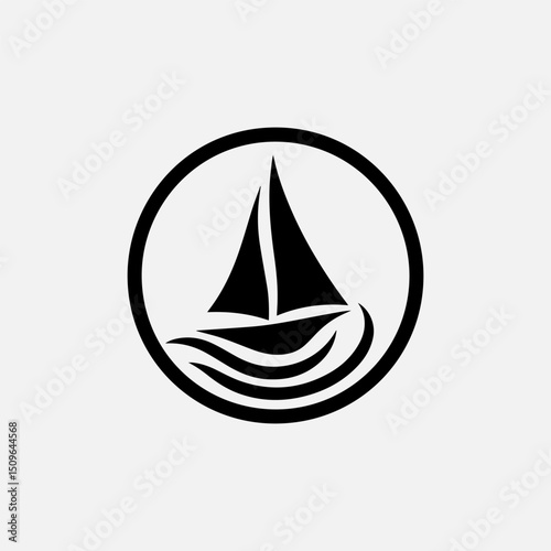 An elegant black vector logo silhouette of a graceful sailboat within a perfect circle