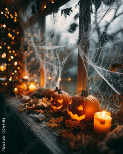 Window decorated with fake spider webs, carved pumpkins, and Halloween lights