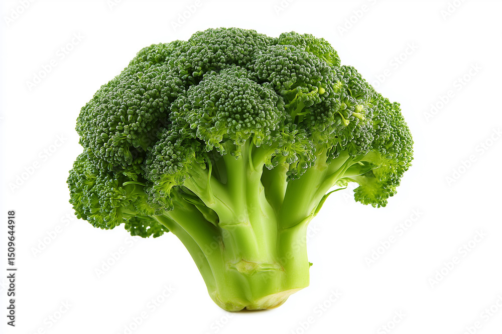 A large green broccoli head sits on a white background. The broccoli is fresh and vibrant, with a bright green color that stands out against the white background. Concept of health and vitality A large green broccoli head sits on a white background. The broccoli is fresh and vibrant, with a bright green color that stands out against the white background. Concept of health and vitality