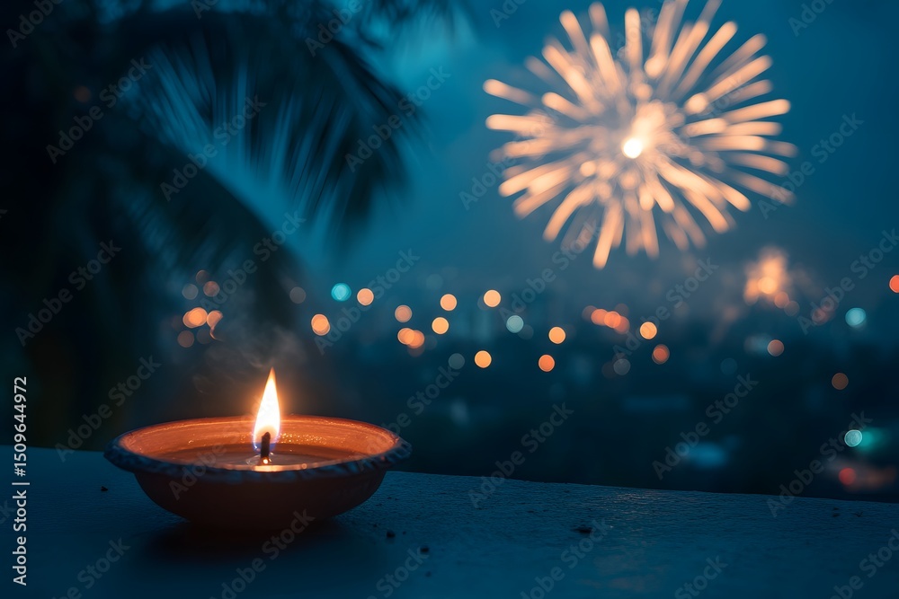 Fototapeta premium Glowing oil lamp with fireworks exploding against a dark blue night sky