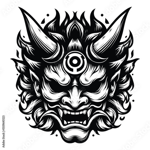 Japanese Mask with Horns and Circle on Head