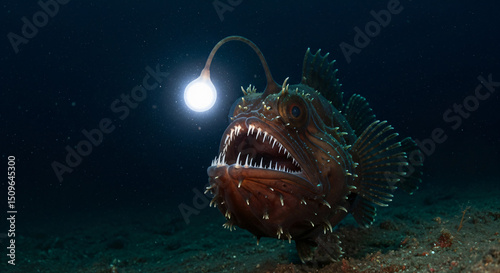 Anglerfish, a deep-sea fish known for its distinctive appearance. It has a large head with sharp teeth and an elongated dorsal fin spine that dangles a bioluminescent lure in front of its mouth.