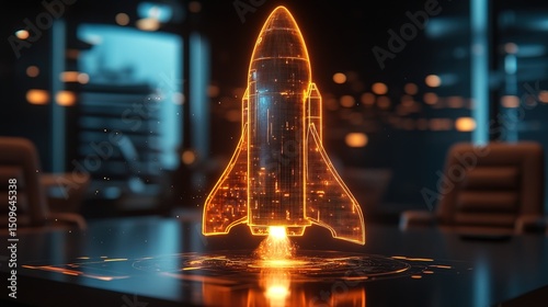 A startup companyâ€™s glowing holographic rocket model, displayed in a boardroom 