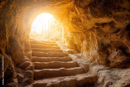 Stone steps leading to light in cave entrance