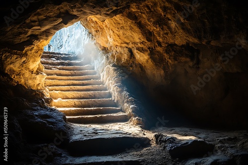 Stone steps leading to light in dark cave