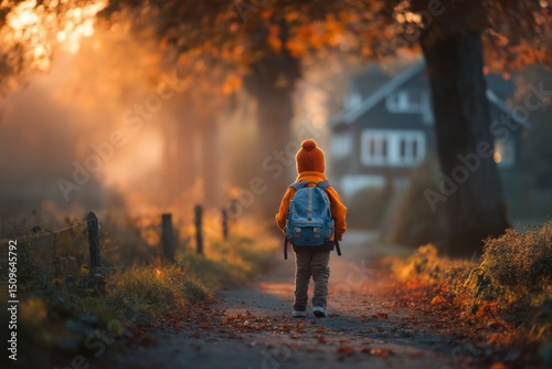 Young child with a backpack walking along a path to school, morning light, fall colors