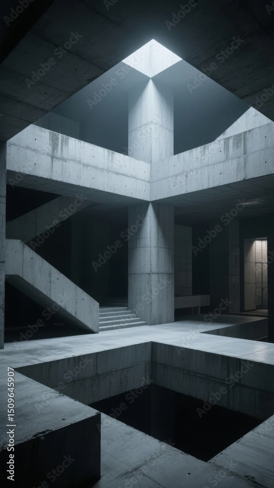 Fototapeta premium Concrete Architectural Space with Geometric Staircase and Skylight