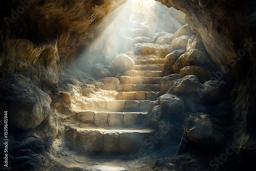Stone steps leading to light in dark cave