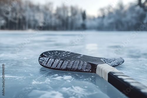 Frozen hockey stick on winter ice rink
