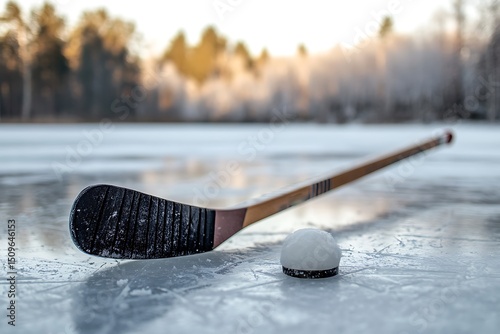 Frozen pond hockey stick and puck winter scene