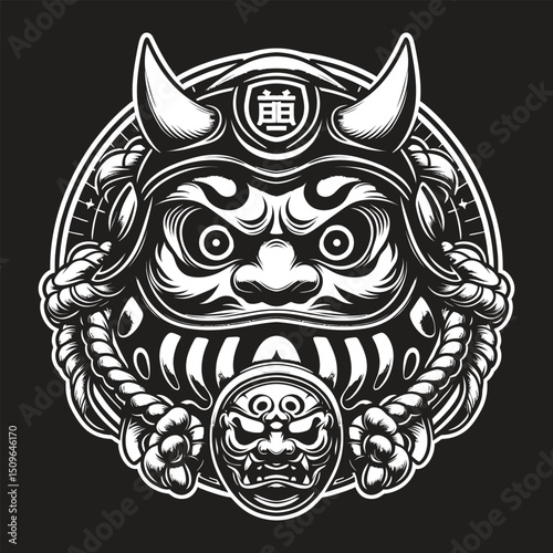 Japanese Demon Mask Illustration with Horns and Rope