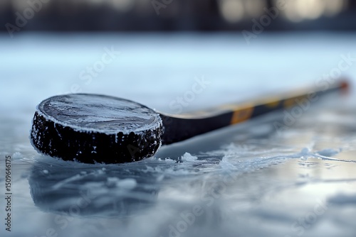 Frozen hockey puck and stick on ice rink