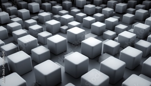 monochrome abstract cubes in blue 3d render, positioned at top, ample copy space at bottom.