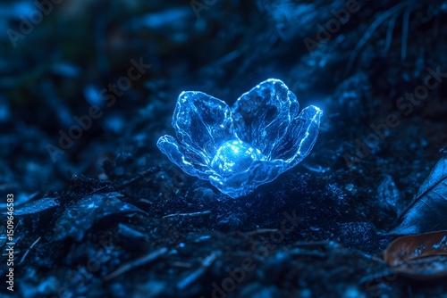Glowing blue flower emitting light found in nature growing amongst leaves and dirt