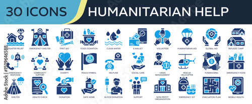 Collection of Humanitarian Help icons, related to disaster relief, first aid kit, charity, community support, volunteer and more. Solid icons vector illustation.
