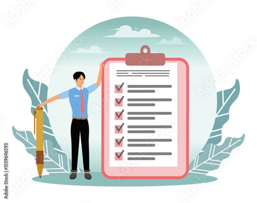 Man Standing Beside Oversized Task Checklist With Pen.