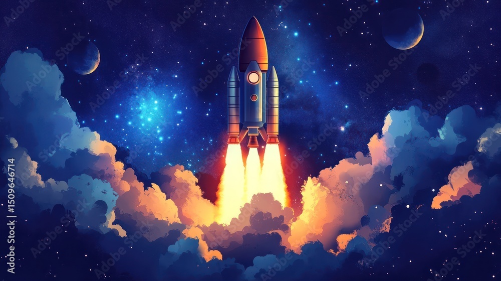 Obraz premium A rocket ship launching into the starry nighttime space above clouds