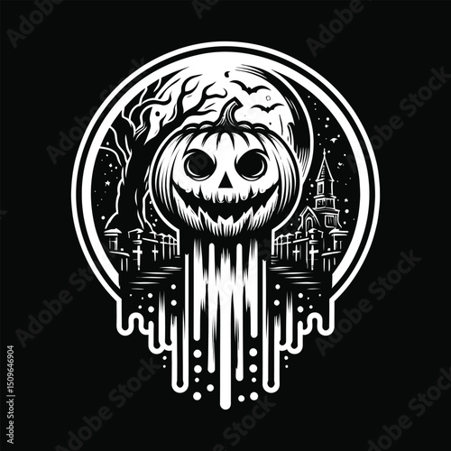 Halloween Pumpkin, Bats, Cemetery, Spooky Illustration