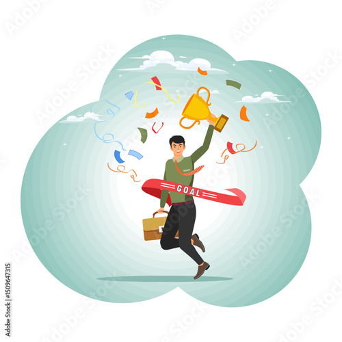 Goal or target accomplishment concept, success winning businessman.