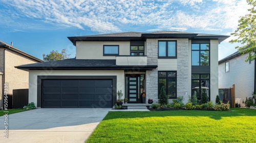 Modern two story residential home with garage and lovely landscaping
