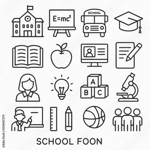 School Icon Collection: A comprehensive set of line-art school icons, ideal for educational resources, websites, or presentations.