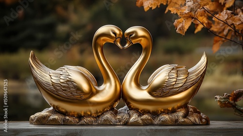 Decorative Statue of a Loving Couple of Golden Yellow Metallic Swans Kissing Each Other, Symbolizing Romance -