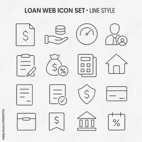 Loan Icon Web Set: A comprehensive collection of modern loan-related web icons. This illustration seamlessly integrates concepts of finances, savings, and economic security. 