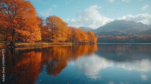Autumnal lake reflecting vibrant foliage.  photo