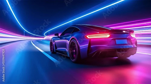 A futuristic, sleek sports car with neon lights, set against a backdrop of colorful light trails, emphasizing speed and motion.