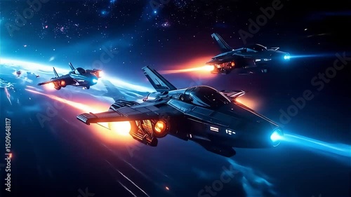 Futuristic fighter jets engage in a vibrant space battle, with colorful explosions in the background