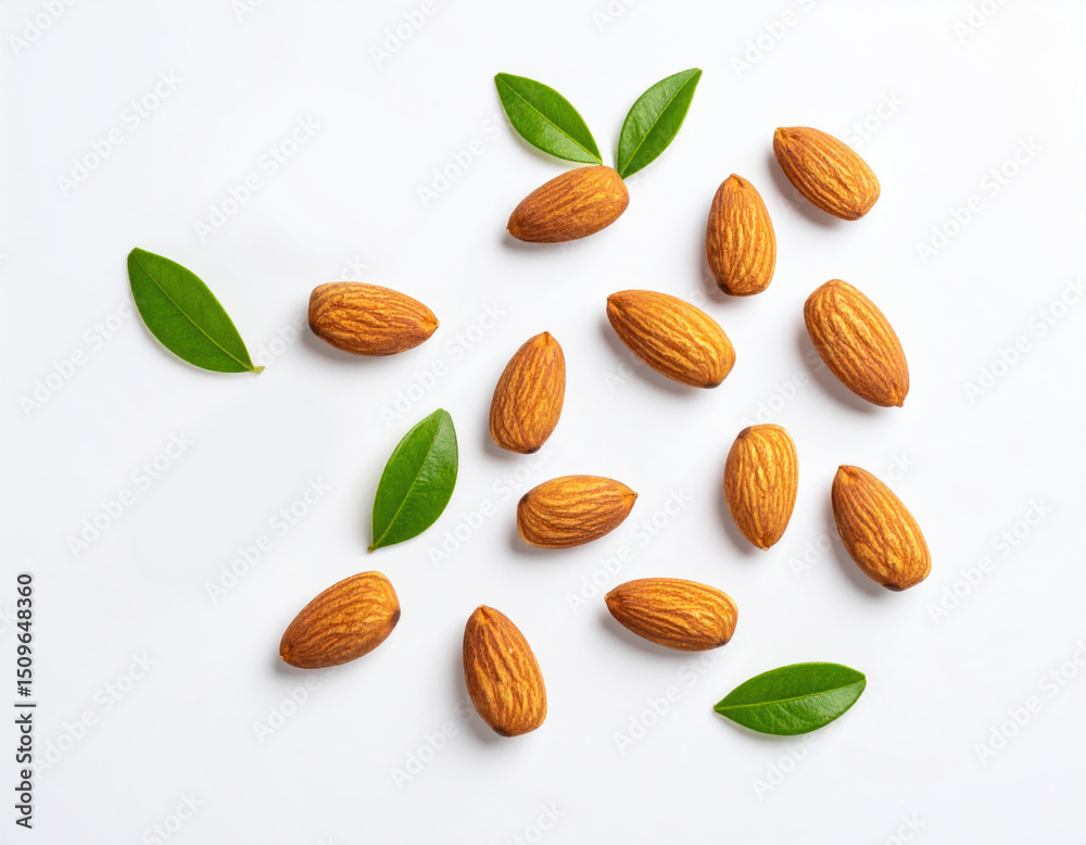 Fresh Almonds with Green Leaves on White Background Fresh Almonds with Green Leaves on White Background
