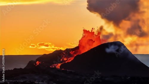 A volcano erupts violently at night, spewing lava and ash into the air.
