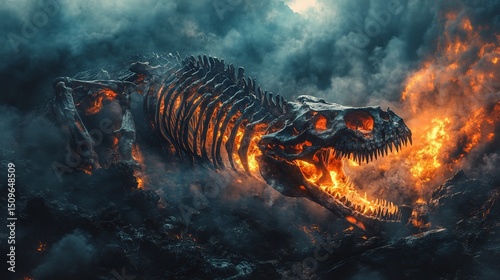 Colossal dragon skeleton turned into a fortress flames flickering inside its hollow ribs mystical fantasy concept