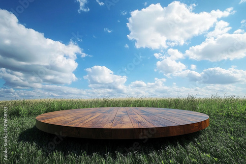 Round wooden platform under blue sky and field