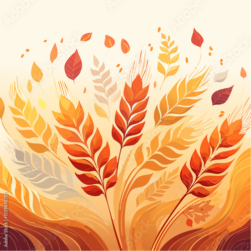 Autumn Wheat Field Vector Illustration Warm Tones, Organic Patterns, Fall Harvest Design