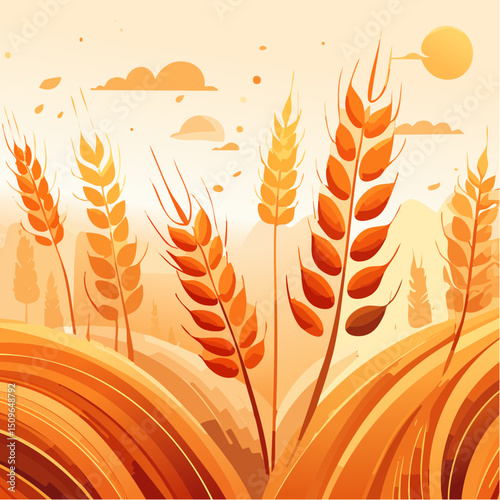 Golden Wheat Field Vector Illustration Warm Autumnal Landscape Design