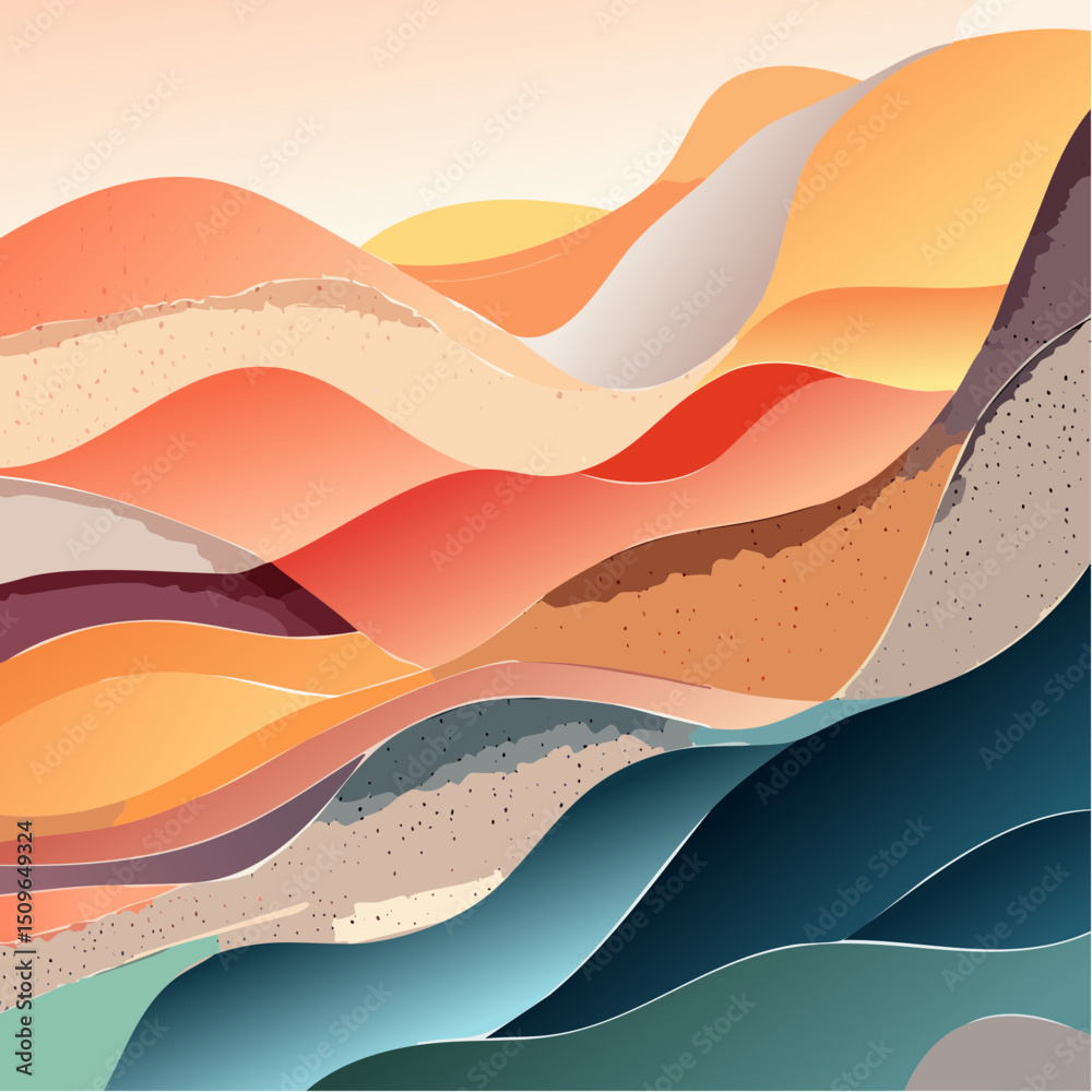 Fototapeta premium Abstract Layered Landscape Warm Hues and Textured Hills Vector Illustration