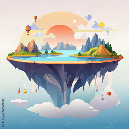 Surreal Floating Island Landscape Vector Illustration of a Fantasy World